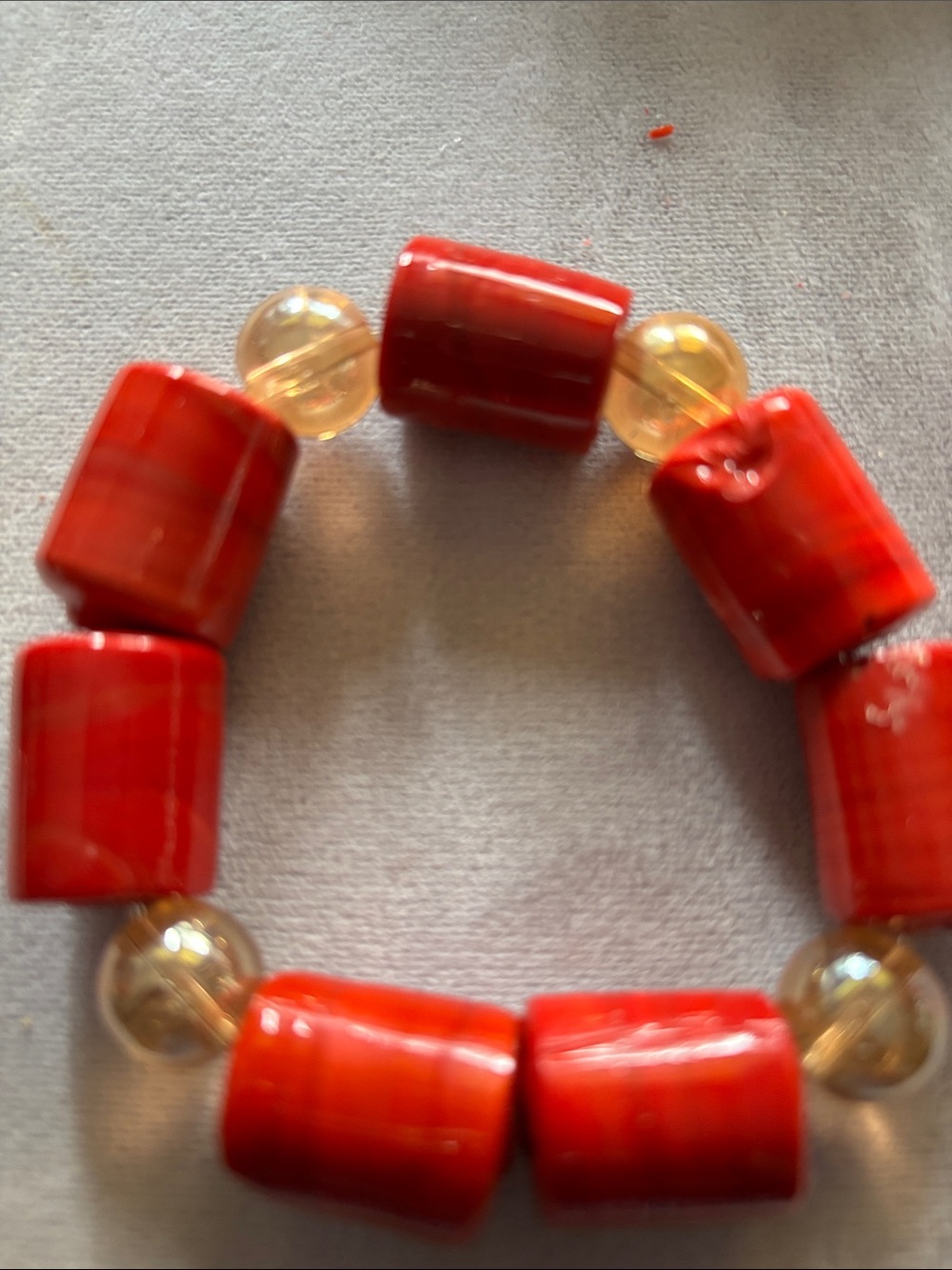 Red Barrel Bead Stretch Bracelet with Clear Accent Beads